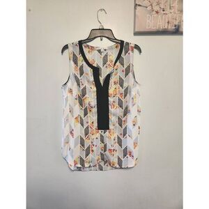 Cabi Chevron Leopard Floral Grosgrain Sleeveless Tunic Shell Top Shirt 249 M